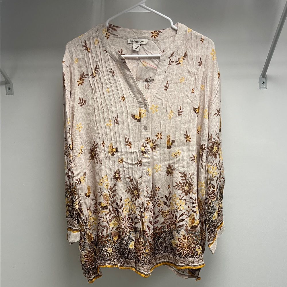 Coldwater Creek Floral Tunic - Cream, Brown, and Gold